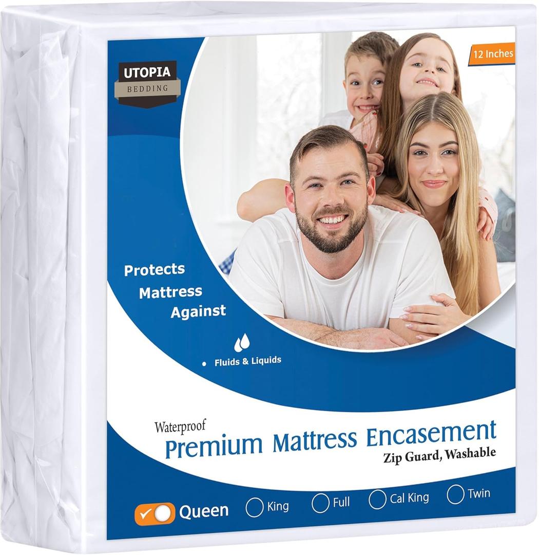 Utopia Bedding Premium Waterproof Bed Bug Mattress Cover, Queen Zippered Mattress Protector, 12 Inches Deep, Dust Mite Proof 6-Sided Mattress Encasement for Bed,