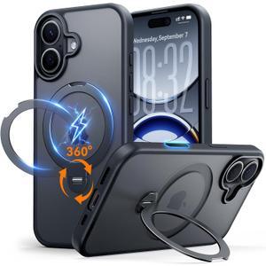 for iPhone 16 Case: with 360 Spin Magnetic Stand, Camera Control Button, Fit for MagSafe, Military Drop Protection, Protective Slim Phone Cover for iPhone16 with Ring Kickstand, 6.1", Black