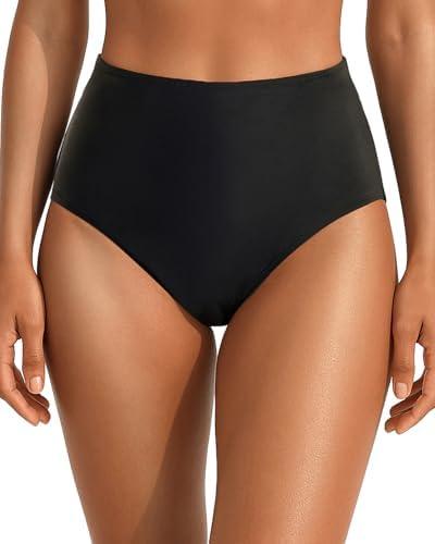 Tempt Me Womens Black High Cut High Waisted Bikini Bottoms Tummy Control Bathing Suit Bottoms Swim Bottom Swimsuit Bottom L