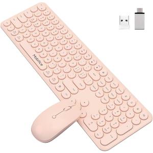 Cute Wireless Keyboard and Mouse Combo,2.4Gstable connection Cordless Full Size Pink Quiet Keyboard Mouse Set Retro Round keycap Computer Keyboard with numeric keypad Compatible for Mac,Windows,Laptop