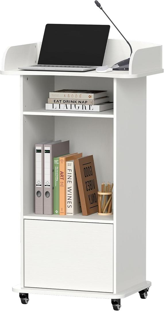 Portable Podium Stand with 4 Metal Wheels, Mobile Lectern Stand with Storage for Church Classroom Restaurant Reception Office Presentation, Wooden Pulpit Desk for Hostess Teacher (White)