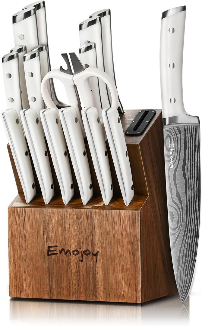 Knife Set, Emojoy 18-Pieces Kitchen Knife Set With Wooden Block, German Stainless Steel Knife Block Set With Built-In Sharpener, Professional Sharp Knives Set for Kitchen,White