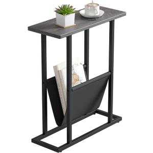 Yusong Narrow Side Table for Small Spaces, Small End Table with Magazine Holder, Skinny Slim Little Thin Table for Living Room, Bedroom, Sofa, Grey Oak