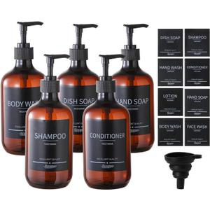 5Pack Amber Shower Bottles Refillable with Labels,16.9oz(500ml) Reusable Shampoo and Conditioner Bottles,Shampoo Dispenser Bottles