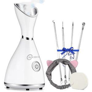 Nano Ionic Face Steamer - Warm Mist Humidifier for Deep Facial Cleansing - 4 Piece Stainless Steel Skin Kit, Hair Band, Wash Face Sponge