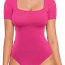 MANGOPOP Women Square Neck Short Sleeve Bodysuit Double Lined Thong Body Suits Shirts Basic Top (X-Small, Hot Pink)
