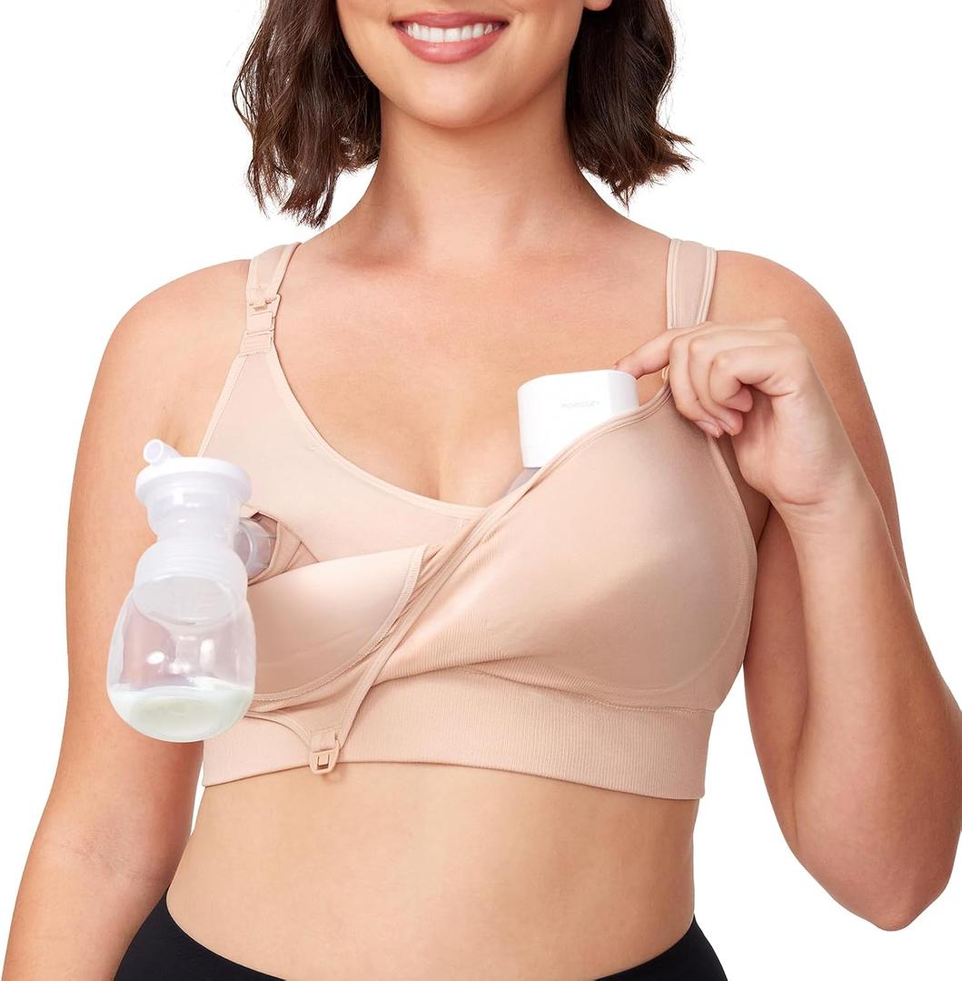 Momcozy Pumping Bra Hands Free, All-in-One Nursing Bras for Breastfeeding & Pumping, Fixed Padding for Enhanced Shape (X-Large Plus, Oyster Pink)
