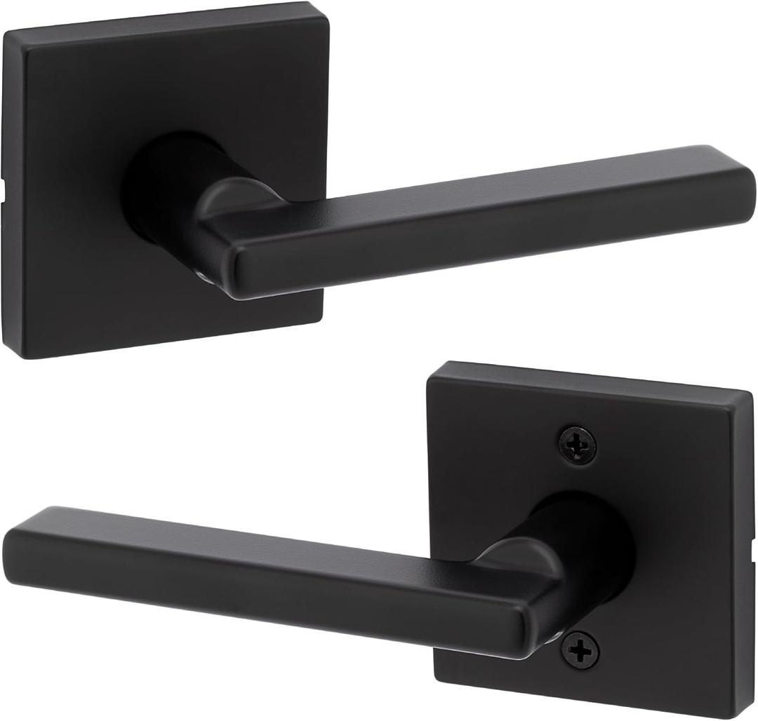 Kwikset Halifax Interior Passage Door Handle, Lever For Closet and Hallway Doors, Reversible Non-Locking Handle Lever, Matte Black, with Microban Protection, Square Rose (1 Pack)