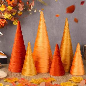 6 Pcs 12" 10" 6" Fall Autumn Christmas Trees Decor Indoor 3D Mini Fall Velvet Cone Trees Tabletop Centerpieces for Thanksgiving Harvest Kitchen Mantle Home Wedding Party Decoration