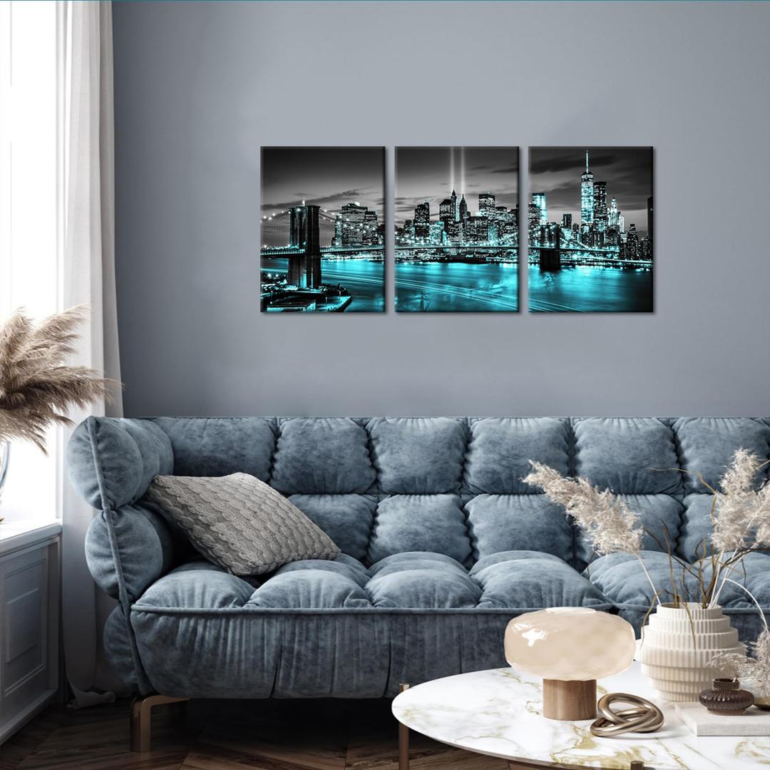 Conipit New York Brooklyn Bridge Canvas Wall Art Black and White City Pictures Teal Skyline Artwork Modern Night View Painting for Home Living Room Bedroom Office Decor 12x16 Inch (Teal, Small)
