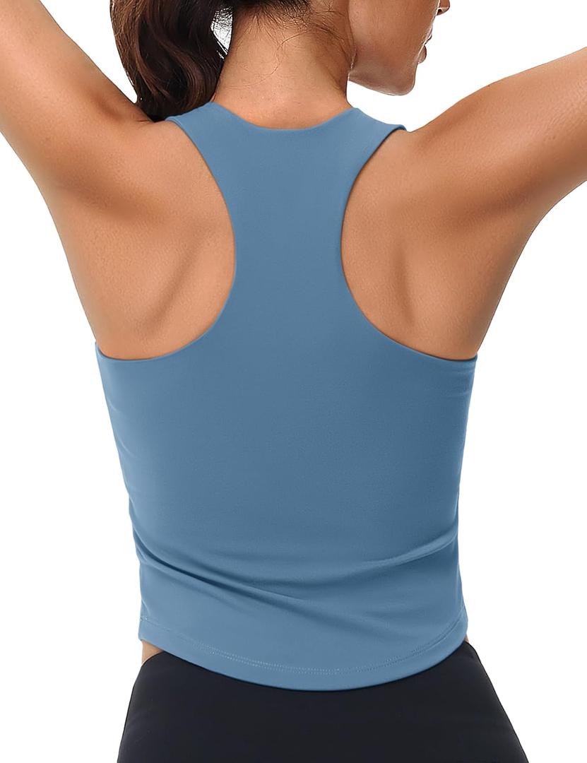 MAGCOMSEN Women's Crop Workout Tank Tops with Built in Bra Fitted Racerback Sleeveless Yoga Shirts Camisole (Blue, M)