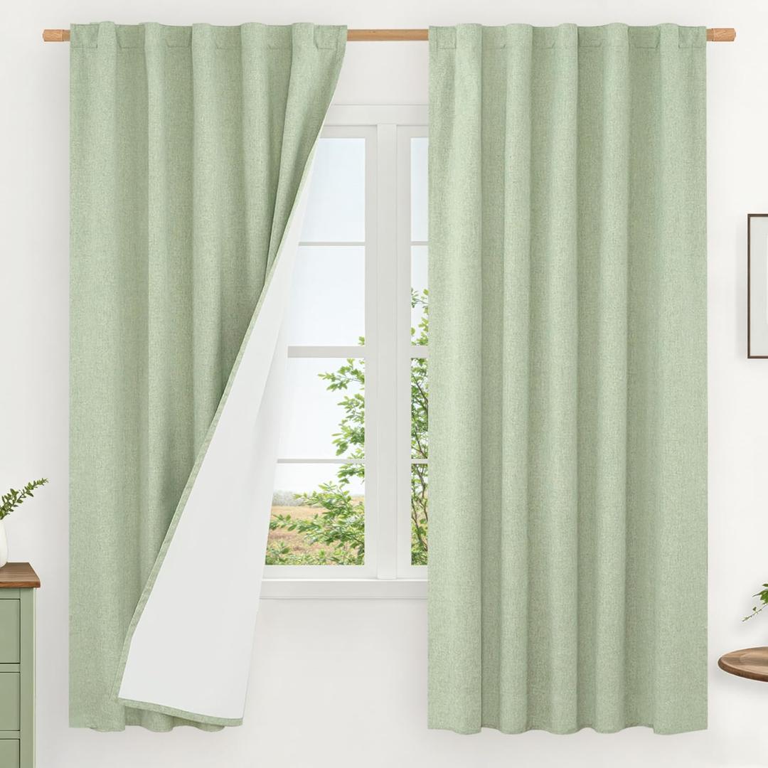 LAMIT 100% Blackout Linen Curtains, 63 Inches Linen Textured Thermal Bedroom Curtains Back Tab and Rod Pocket Neutral Panels with White Liner for Short Windows, 2 Panels, Light Green, 42 x 63 Inch