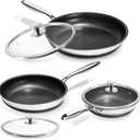 KOKHUB Nonstick Frying Pans with Lids, 8", 10", 12" Titanium Ceramic Tri-Ply Stainless Steel Skillet Set, Non-Toxic, PFAS/PFOA/PTFE Free, Dishwasher & Oven Safe, Induction Compatible
