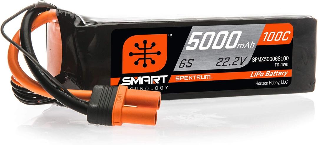 Spektrum Smart RC LiPo Battery Pack: 5000mAh 6S 22.2V 100C, IC5 Connectors (EC5 Compatible), SPMX50006S100, Black (1 Count (Pack of 1))