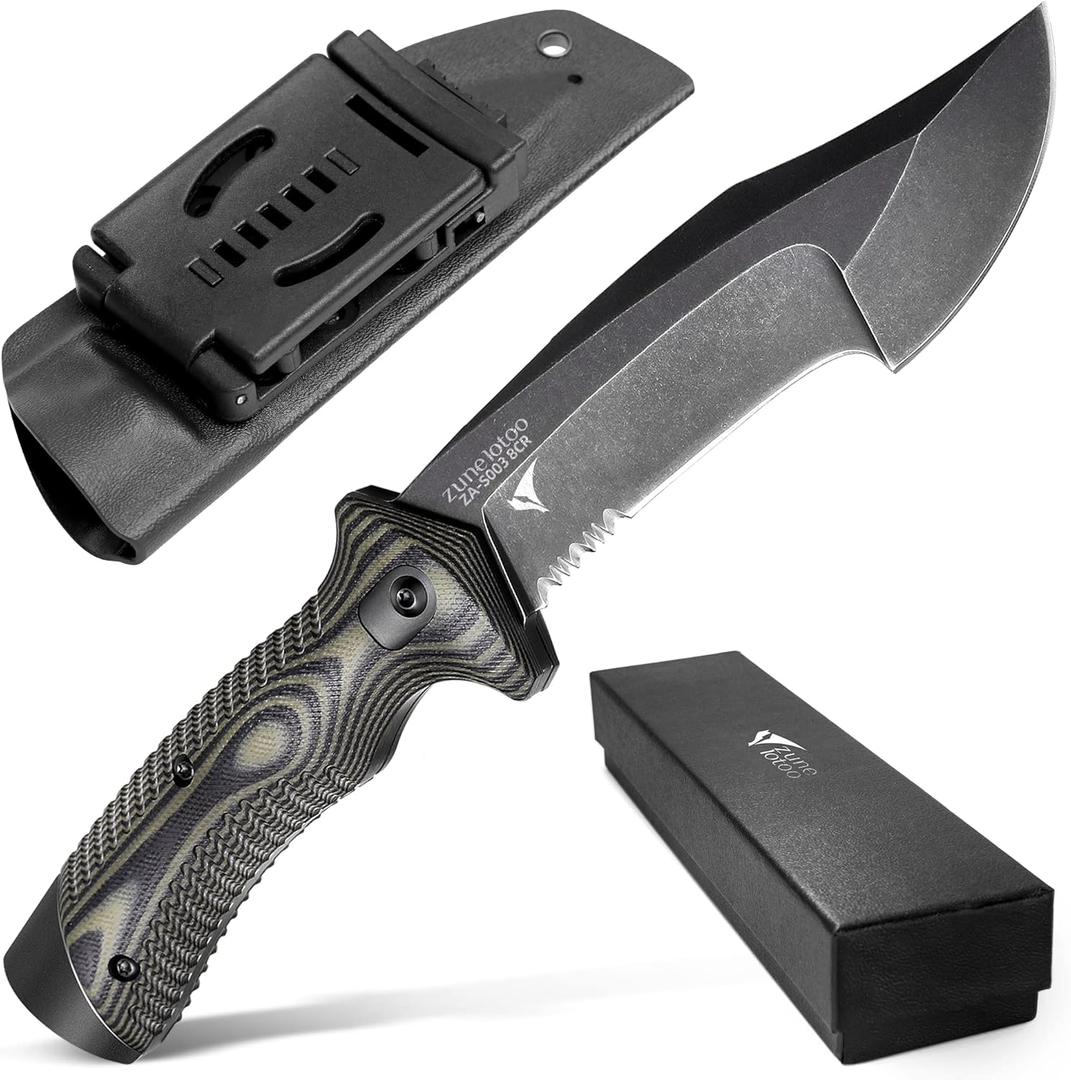 ZUNE LOTOO Full Tang Fixed Blade Tactical Knife for Men, 9.4" Bowie Knife with Kydex Sheath & G10 Handle, 8Cr14mov Survival Hunting Knives for Bushcraft Camping Outdoor Skinning