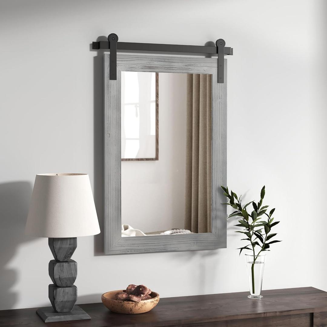 COGOOD Farmhouse Barn Door Mirror - 30 X 21 Rustic Wood Framed Wall Mirror for Bathroom, Living Room, Entryway Wall Decor (Grey)