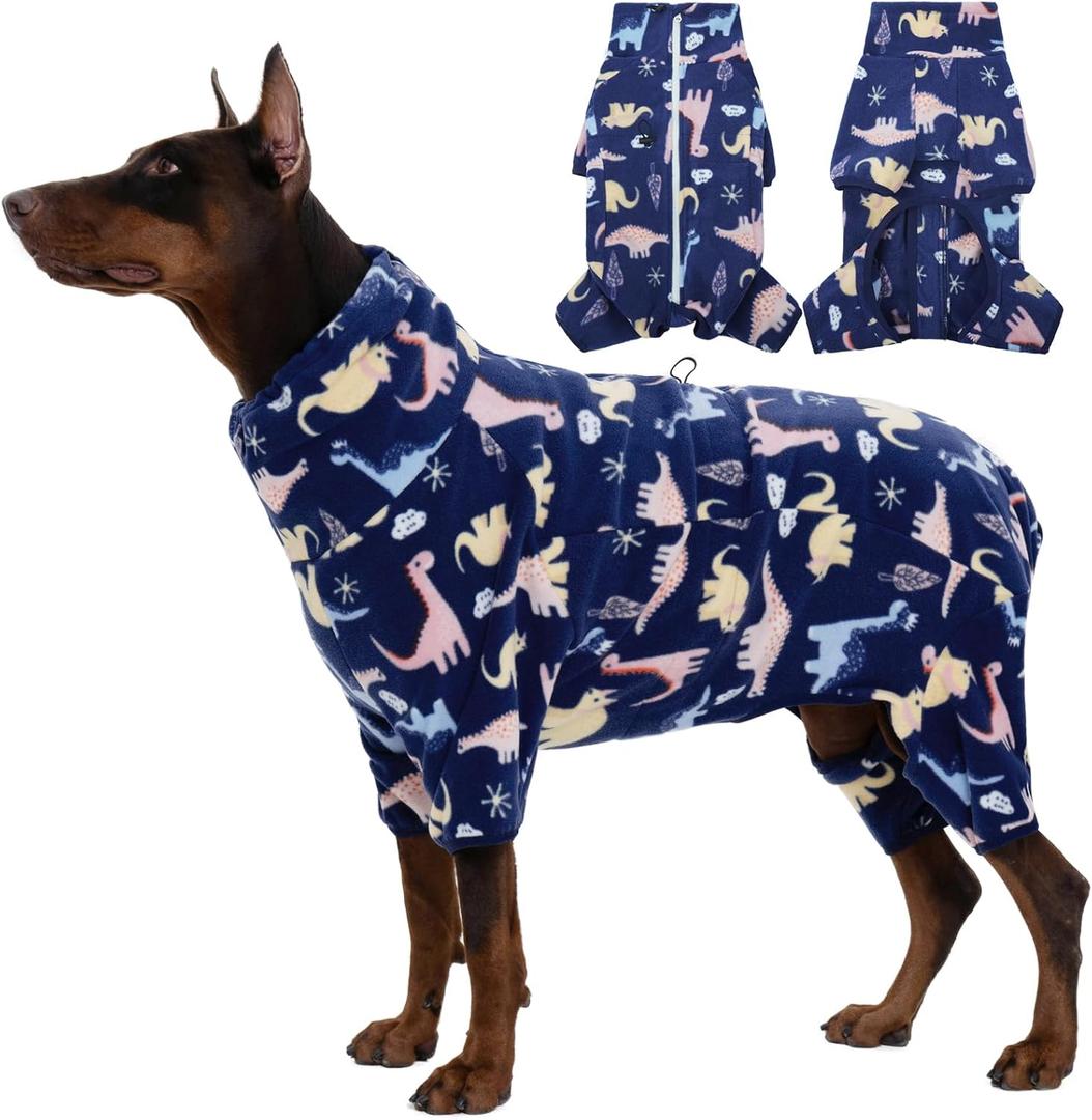 ROZKITCH Dog Clothes for Large Dogs Soft Fleece Pullover Pajamas, Pet Windproof Warm Cold Weather Jacket Vest with Reflective Zipper, Jumpsuit Apparel Outfit Clothes for Large Dog Dinosaur 2XL (2XL(Back Length:24"))