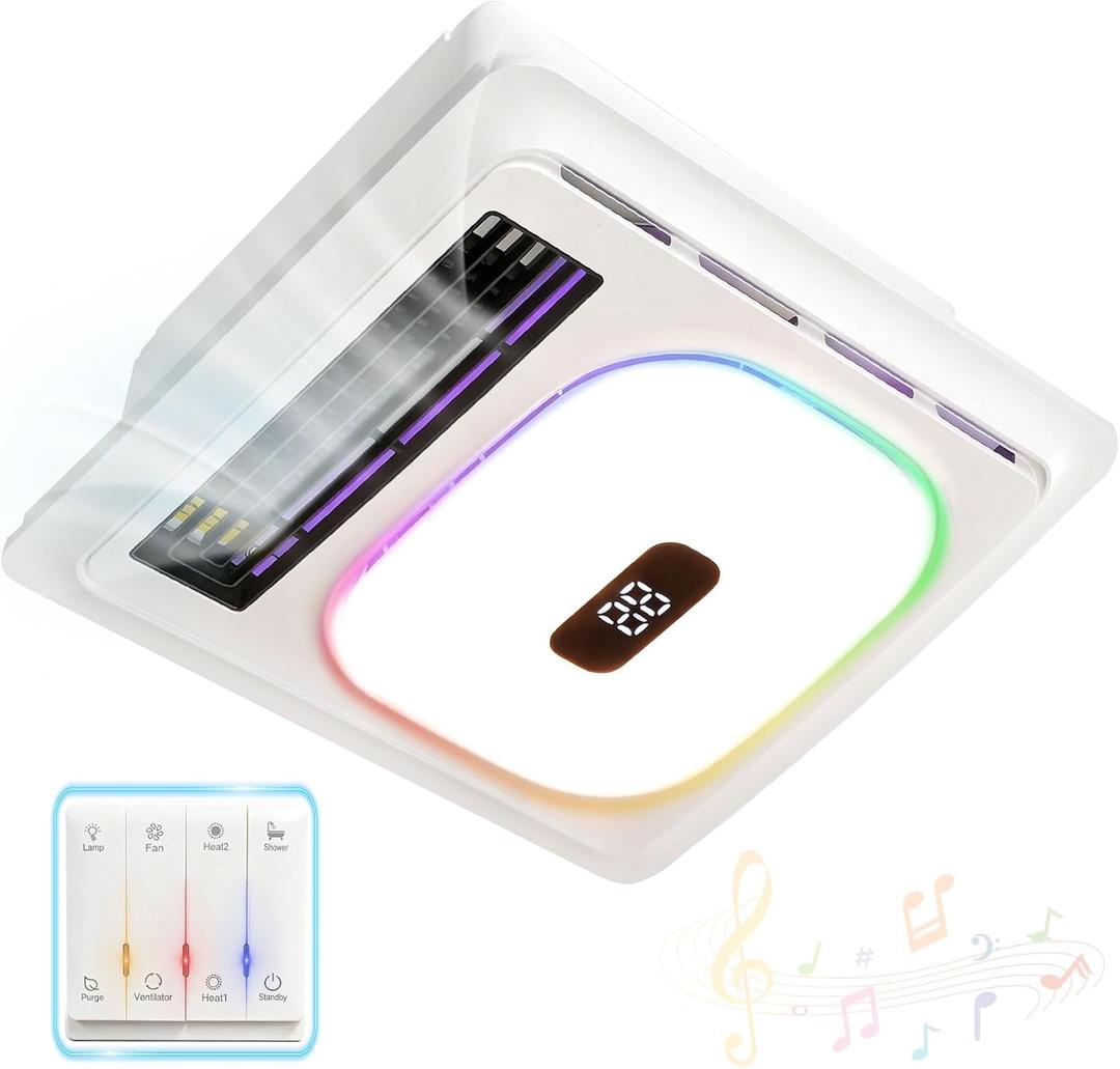 Bathroom exhaust fan with heater&Bathroom exhaust fan with bluetooth speaker,5 in 1 Multi-function,Instantaneous heating,Strong wind,Silent operation,3 color lighting,Dynamic music,Plug and play, Medium