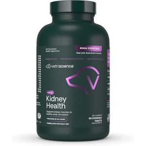 VetriScience Kidney Health Chewable Tablets, Renal Essentials Supplement for Dogs, Urinary Tract and Kidney Support with Mushroom, Astragalus Root, Nettle Seed and Herbs, Smoke, 60 Count