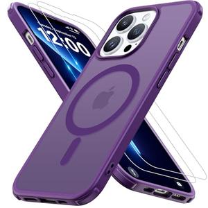 Iokmax Magnetic for iPhone 13 Pro Case [Compatible with MagSafe]with 2X Screen Protector, Military-Grade Slim Shockproof Phone Cover Translucent Matte Anti-Fingerprint for iPhone 13 Pro 6.1'', Purple 2Pack