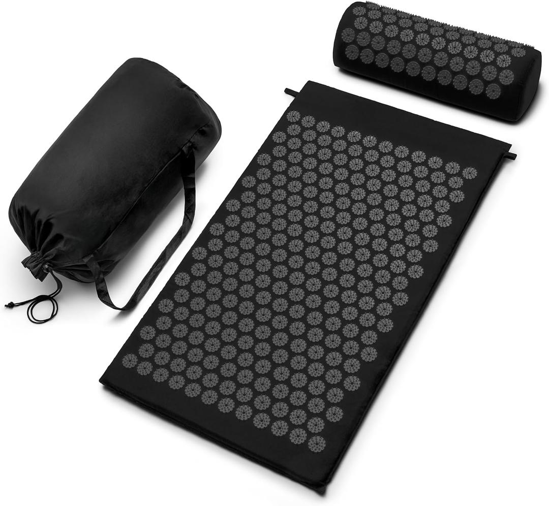 Sivan Health and Fitness Acupressure Mat and Pillow Set - Grounding Mat for Stress, Back & Neck Pain - Acupuncture Point Massage Mat for Muscle Relaxation, Sciatica, & Meditation - Includes Carry Bag (Large, Black/Black)