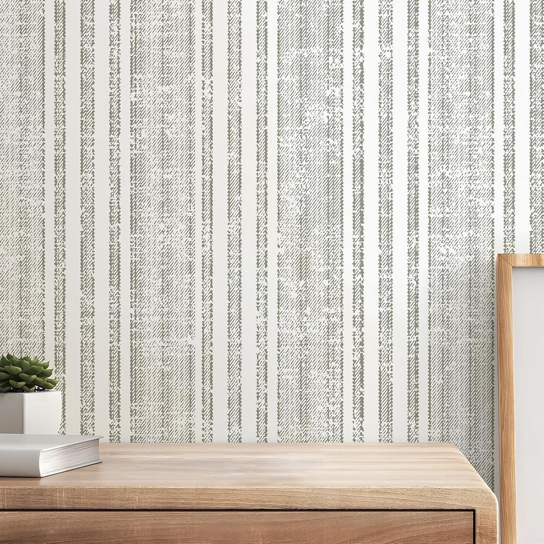 Modern Peel and Stick Wallpaper 17.3"x120" Boho Contact Paper Grey Green Striped Wall Paper Self-Adhesive Vinly Waterproof for Bedroom Bathroom Wall Covering Cabinets Decor