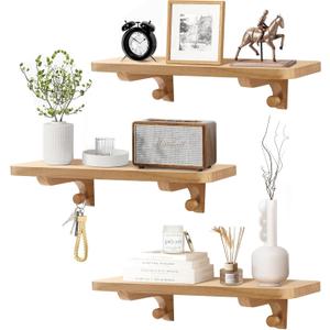 Wooden Floating Shelves for Wall, 15.7" W x 6" D x 0.6" H Large Wall Shelves, Hanging Storage Shelf with Hooks for Living Room, Kitchen, Bathroom, Bedroom Decor, Natural, 3 Packs