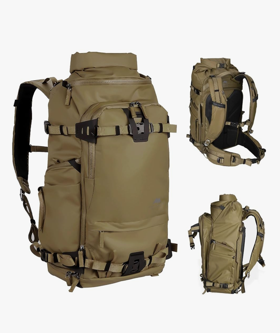 Tenzing 40L Water Resistant Large Travel Camera Backpack 16 inch Laptop Compartment with Rain Cover Fits DSLR, DSLR Cameras, Drone, Lenses,Tripod Brown