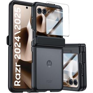 for Motorola Razr 2025 Case/Razr 2024 Case with Hinge Protection, Screen Protector, Ultra-Thin Skin Feel Translucent Frosted, Shockproof Cover for Razr 2025/2024-Black (NOT for Plus/Ultra)