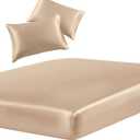 SiinvdaBZX 3-Piece Set Satin Twin Fitted Sheet & 2 Pillowcase, Beige Silky Soft Fitted Bottom Sheet, Wrinkle Free, Fade Resistant, Deep Pocket Bed Sheet (Deep Up to 15")