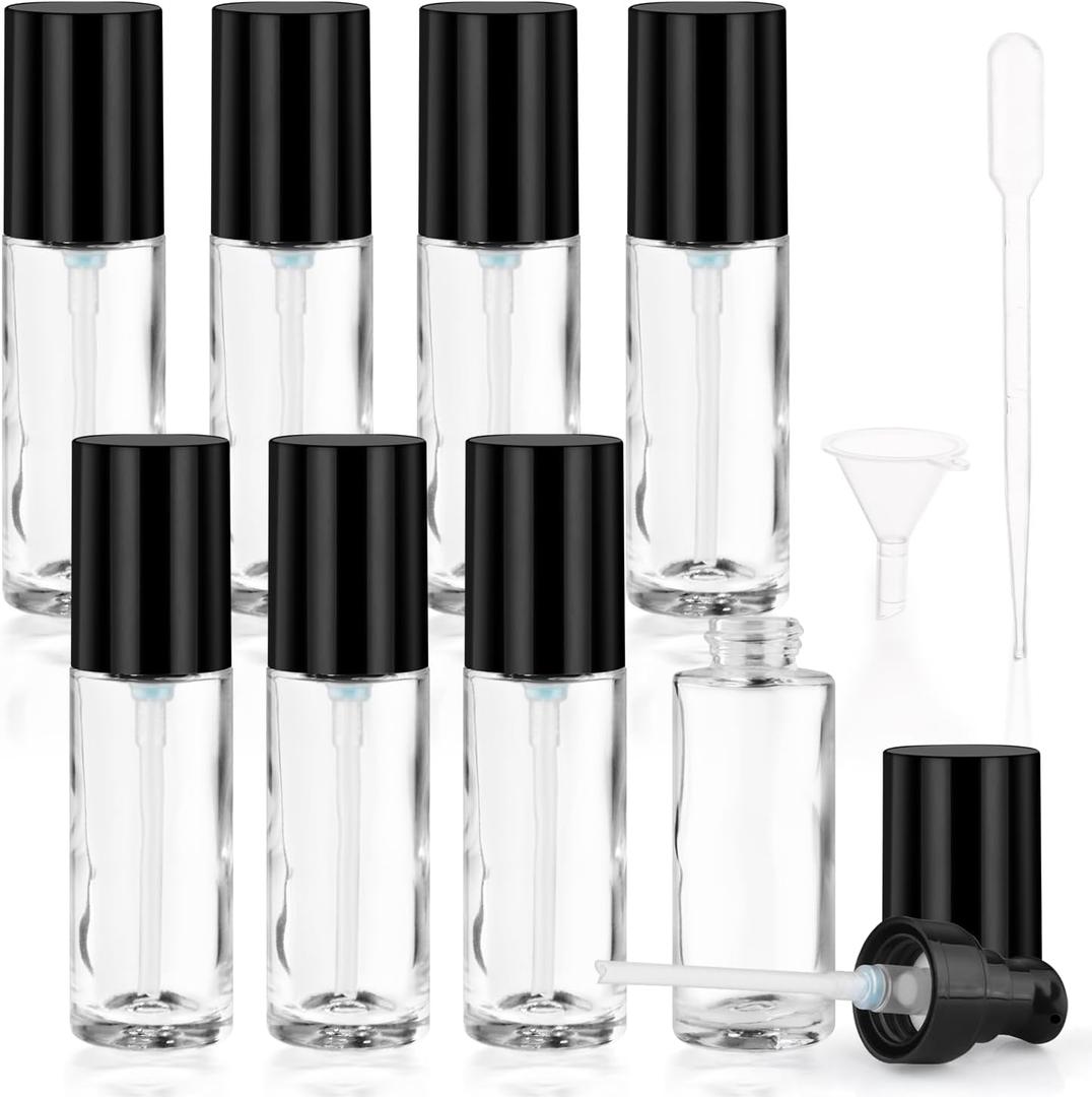 8 Pcs 30ml/1oz Clear Glass Liquid Foundation Pump Bottles with Black Head Round Cosmetic Dispenser Jars for Lotion Moisturiser Skincare Products,1 Funnel & 1 Dropper