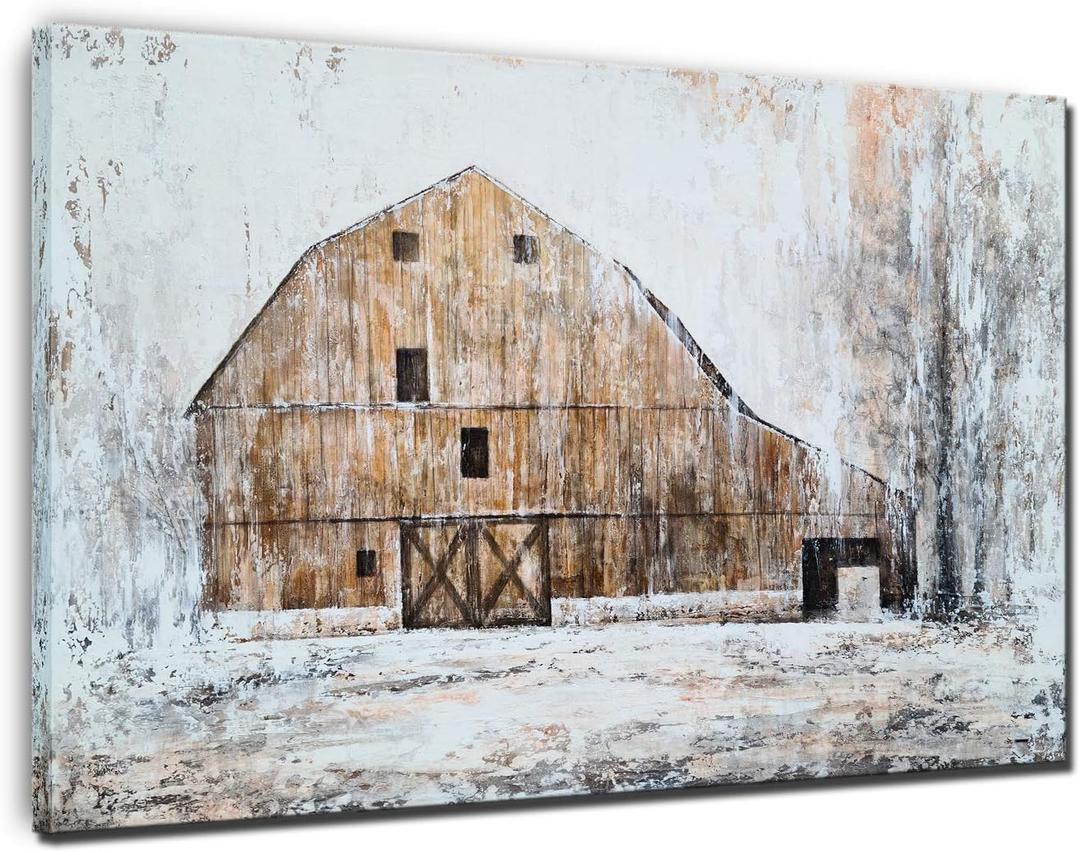 YHSKY ARTS Rustic Barn Hand Painted Textured Canvas Wall Art, Farmhouse Winter Landscape Painting for Home Decor (47.2"L x 35.5"W)