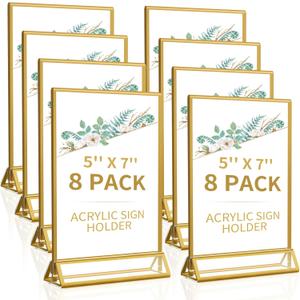 Smarpau Acrylic Gold Sign Holder 5x7,8 Pack Table Number Holders, Double-Sided Display Stand Picture Frames Menu Holder Flyer Stands Photo Holders for Wedding
