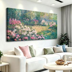 msspart Large Garden Floral Canvas Wall Art for Living Room Pink Flower Garden Nature Green Impressionist Painting, Textured Picture Modern Landscape Artwork Bedroom Home Office Decor 24”x 48”
