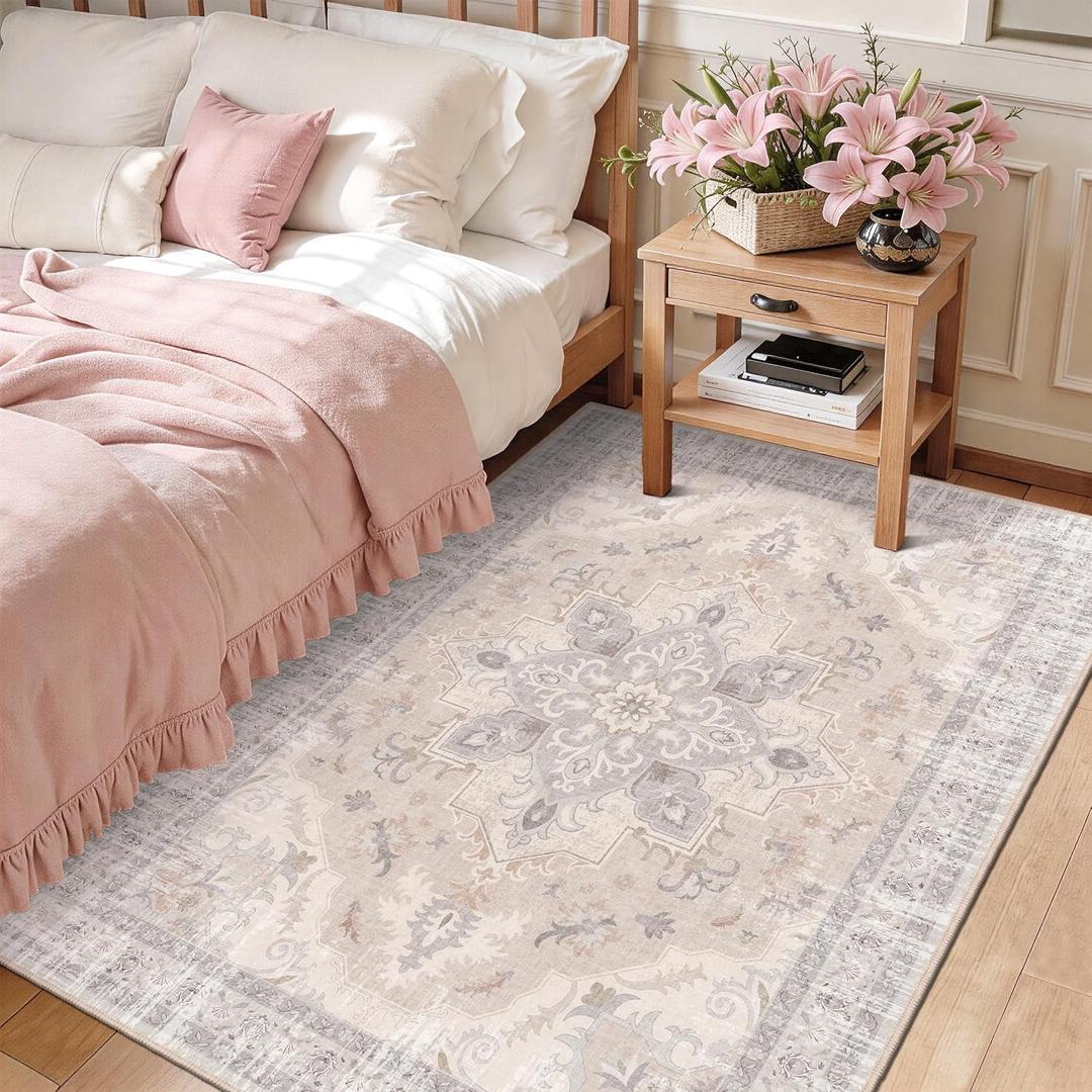 4x6 Bedroom Rug, Soft Non-Slip Vintage Medallion Rug, Low-Pile Printed Indoor 4x6 Washable Area Rugs for Living Room, Bedroom Bedside -Light Blush/Cream