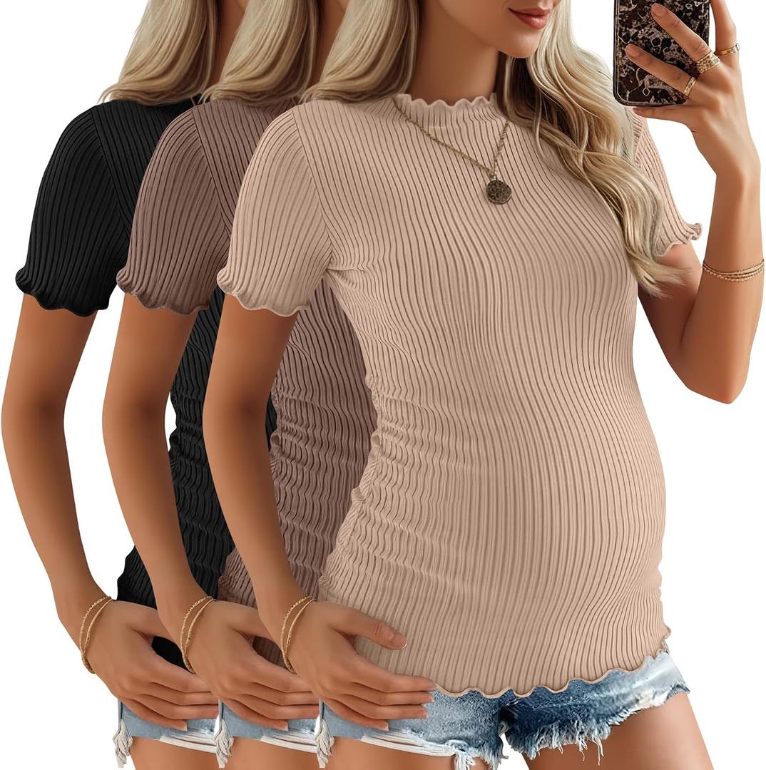 2 x 3 Pack Women's Ribbed Maternity Tops | Short Sleeve, Ribbed Knit, Crew Neck, Side Ruched, Pregnancy Clothes, Maternity Shirts, Soft, Stretchy, Breathable, Comfy (Black)