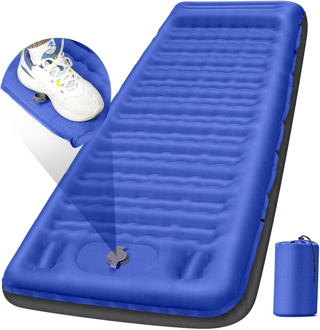 FNARMW Camping Sleeping Pad, Extra Thick 5 Inch Camping Mat with Pillow Built-in Foot Pump Inflatable Sleeping Pads Compact for Camping Backpacking Hiking Traveling TentBlue Grey