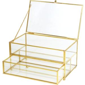 ZEXALOR 2-Tier Vintage Clear Desk Organizer with Drawer,Gold Decorative Storage Boxes,Jewelry Holder Display Tray Trinket Boxes Glass Memory Keepsake Box Dresser Vanity Wedding Decor Gifts(Gold)