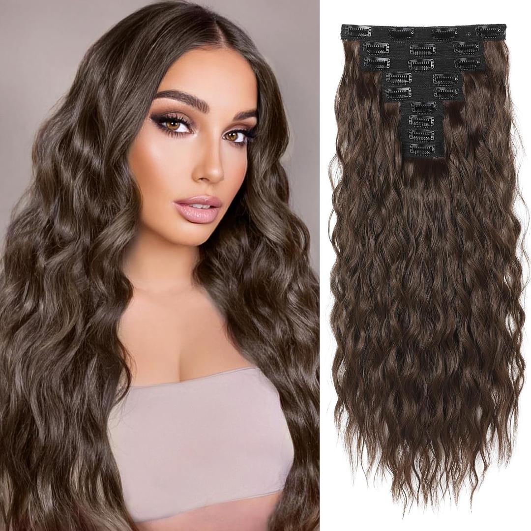 Hair Extensions, REECHO 9PCS Clip in Hair Extensions 24" Thick Long Mini Mermaid Wave Luxurious Lightweight Japanese Technology HYOUITSU Fiber Invisible Soft Lace Weft - HE009 Dark Chocolate Brown