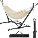 Portable Hammock with Folding Hammock Stand for Outdoor,Off White | Heavy Duty Steel Hammock Stand with Carrying Bag,3 Holes for Height Adjustment, 550 LBS Weight Capacity