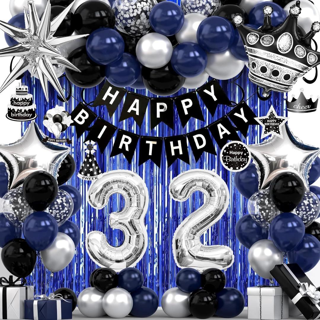 32nd Birthday Decorations for Men and Women, Black Blue Silver Happy Birthday Number 32 Balloons, Banner, Fringe Curtains Garland Kit - 32 Year Old Party Supplies