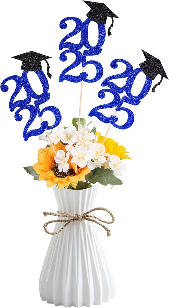 2 x Class of 2025 Graduation Decoration Centerpieces for Table, 2025 Party Centerpieces Grad Cap Sticks Party Supplies, Graduation Party Decoration Toppeers (10 PCS, Blue & Black)