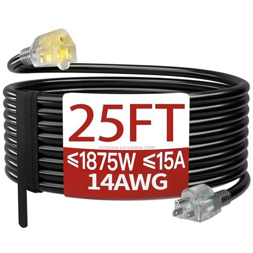 25 FT 14/3 Extension Cord Outdoor, Heavy Duty Weatherproof & Flame Retardant Black 3 Prong Power Cord with Light, Outside for Lawn & Garden, 15 Amps 1875 Watts 125 VAC 14AWG SJTW, ETL Listed