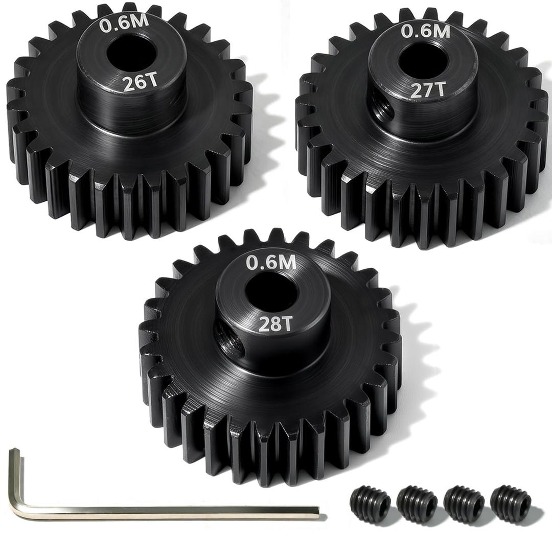 3Pcs 0.6M Hardened Steel Pinion Gear Set 3.175mm 26T 27T 28T Motor Pinion Gear with M4 Screw and Hex Key, Fit 3.175mm (1/8-Inch) Shaft, for Arrma HPI Kyosho Losi Axial Traxxas Tamiya 1/10 RC C