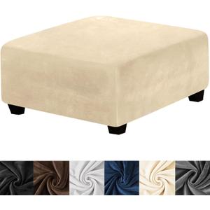 HFCNMY Ottoman Cover,Stretch Velvet Square Ottoman Cover Thick Ottoman Slipcover Square Washable Storage Foot Stool Cover with Elastic Bottom for Living Room Beige Large