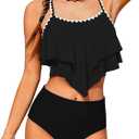 AMAWMW Girls Swimsuit 2 Piece Bikini Set Tiered Ruffled Bathing Suit Two Piece Girls' Swimwear with Adjustable Straps, Size 13-14Y (Black)