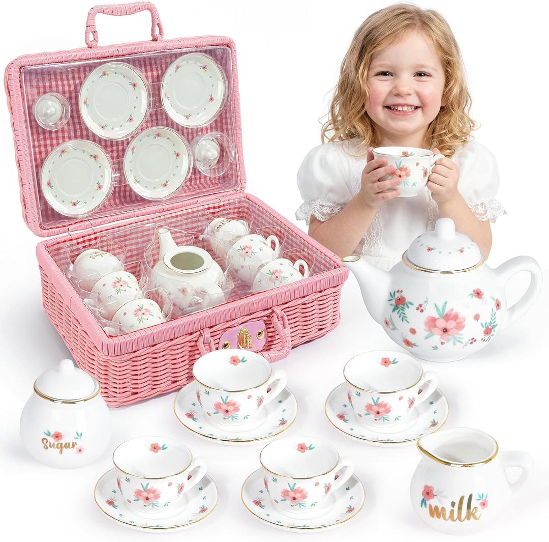 Porcelain Tea Set for Toddlers, Tea Party Set for Little Girls, Pink Floral Teapot Cup Saucer Carry Case, Princess Party Pretend Play Kids Toys, Toddler Girl Birthday Gifts Age 3-8 Years Old