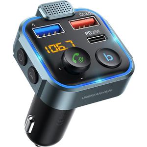 UNBREAKcable Bluetooth 5.3 FM Transmitter for Car, [PD 20W + QC 3.0] [Stronger Microphone & HiFi Bass Sound] Cigarette Lighter Radio Music Adapter Charger, Supports HandsFree Siri Google Assistant