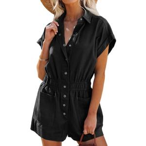 Dokotoo Women's Summer Trooper Utility Cargo Rompers Short Sleeve Button Down Pockets Jumpsuits (S, Black)