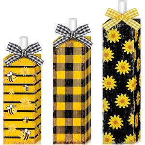 Redbaker 3 Pcs Sunflower Bee Table Decorations Summer Wooden Block Sign Black Yellow Buffalo Plaid Tabletop Centerpieces Farmhouse Rustic Tiered Tray Decor for Bee Festival Summer Home Kitchen Office